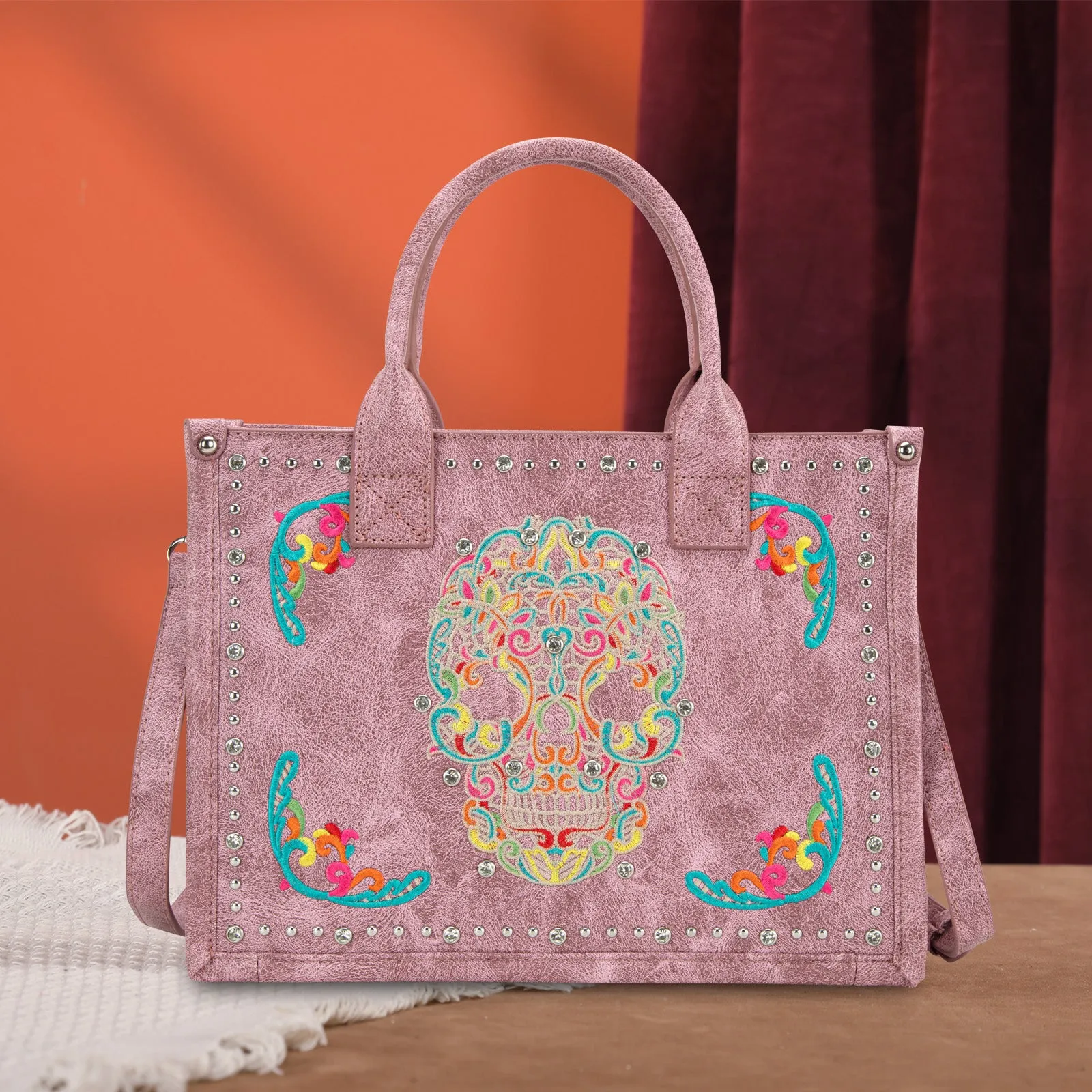 MW494G-H8120S  Montana West Embroidered Sugar Skull Tote/Crossbody - Pink