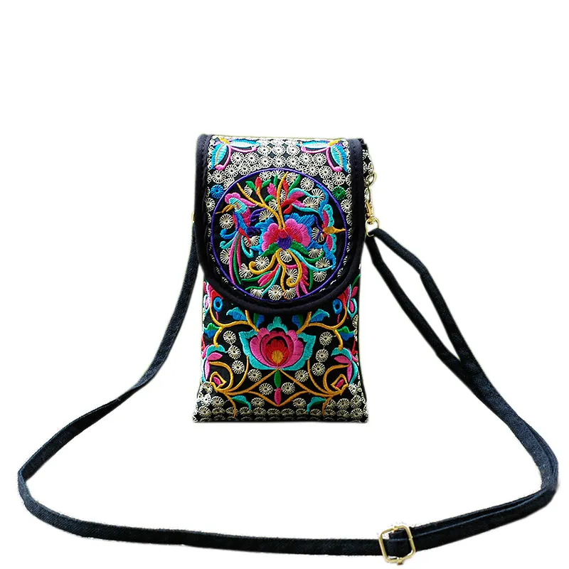 New Ethnic Embroidery Fashion Slung Bag Mobile Phone Bag Female Joker Mini Lady Shoulder Mobile Phone Bag