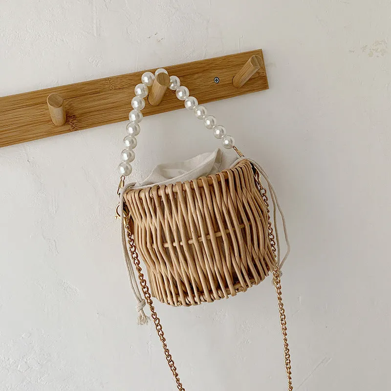 Pearl Chain Round Handmade Rattan Beach Bag