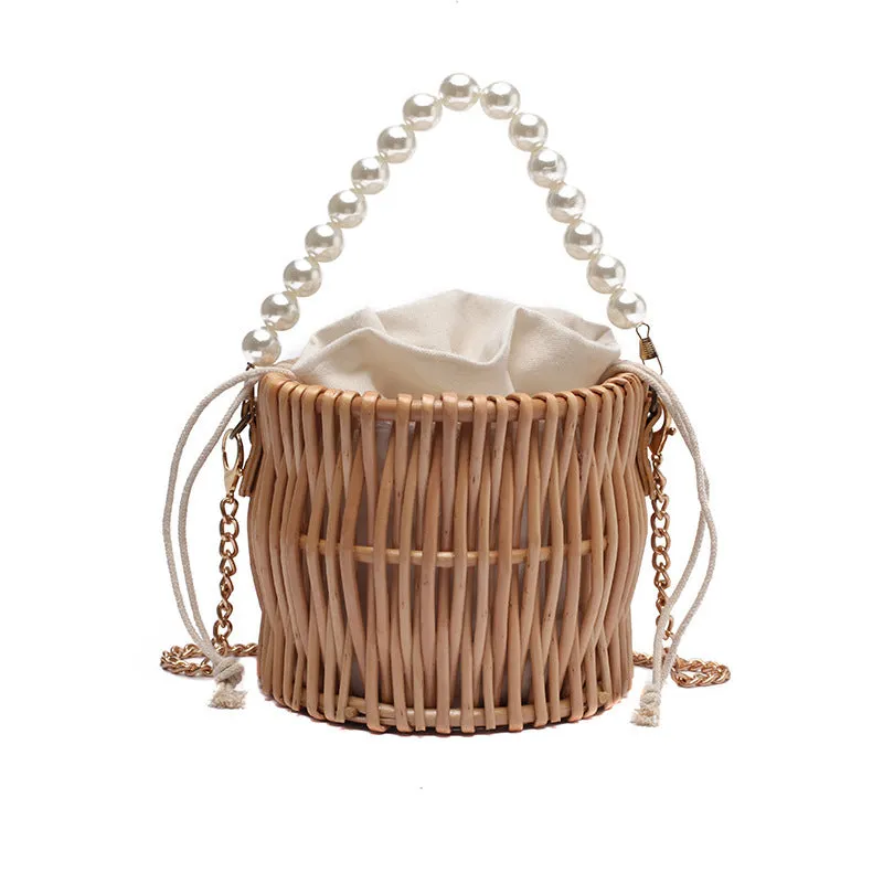 Pearl Chain Round Handmade Rattan Beach Bag