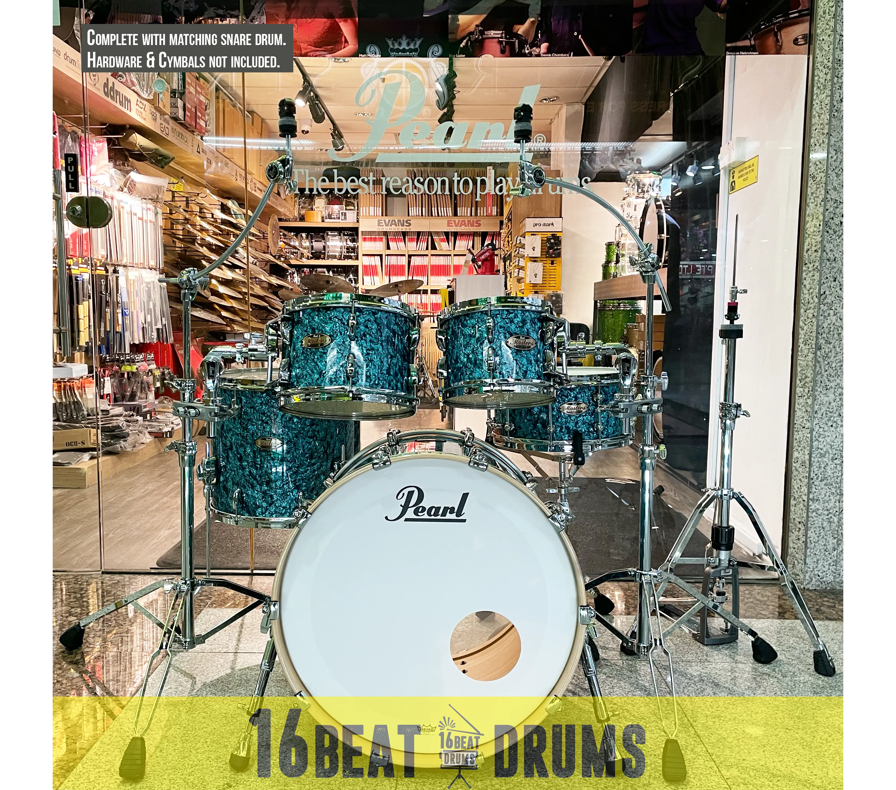 Pearl Masters Maple Reserve series in Turquoise Pearl, complete 5 piece shell set including matching snare drum