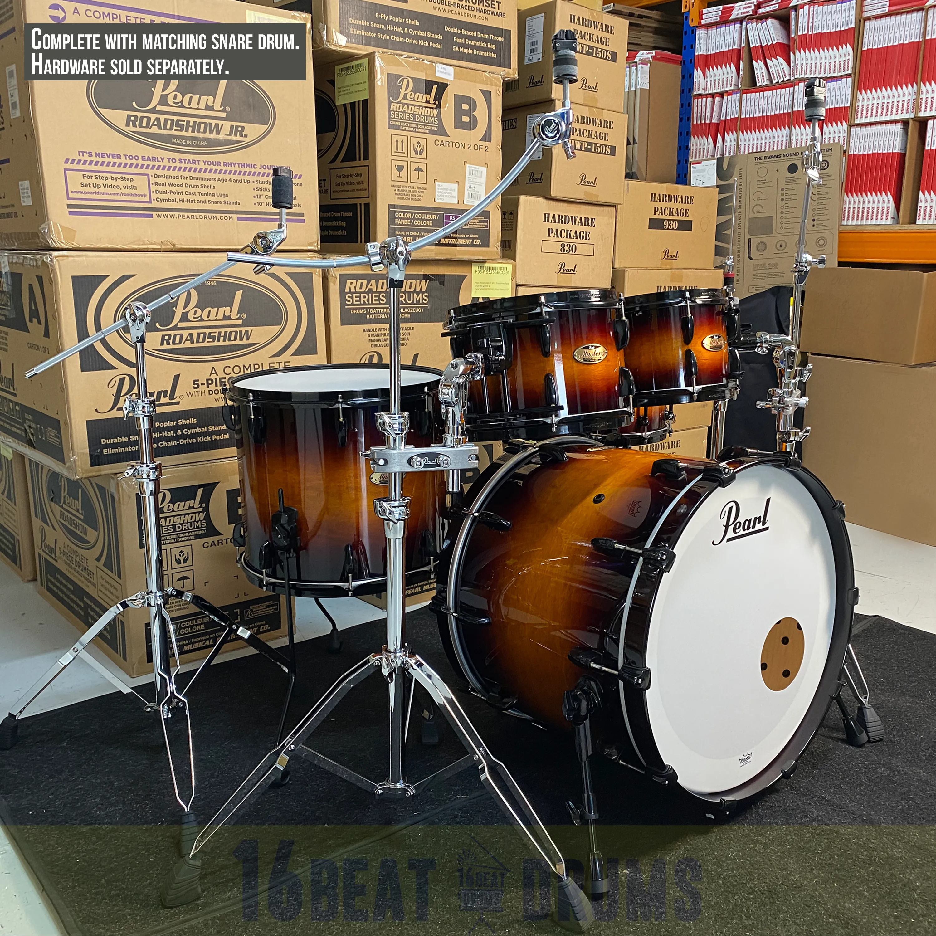 Pearl Masters Maple Reserve series in Vintage Tobacco Burst with Black hardware, complete 5 piece shell set including matching snare drum