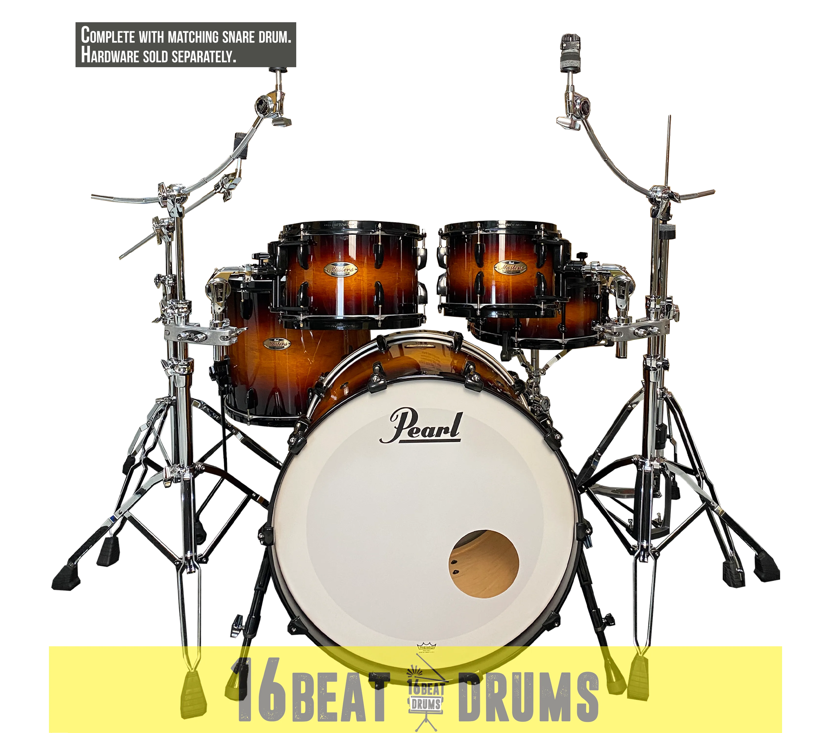 Pearl Masters Maple Reserve series in Vintage Tobacco Burst with Black hardware, complete 5 piece shell set including matching snare drum