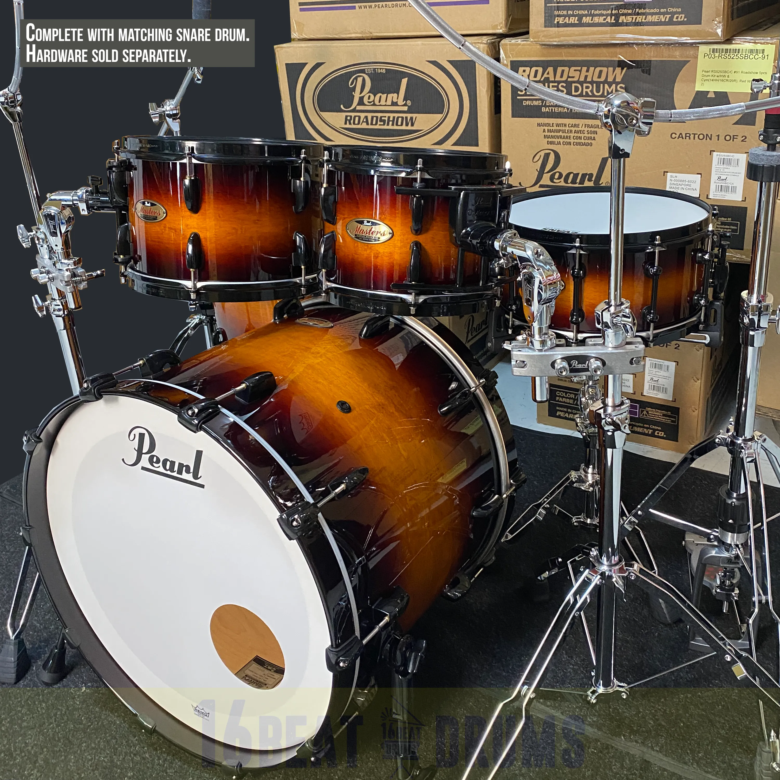 Pearl Masters Maple Reserve series in Vintage Tobacco Burst with Black hardware, complete 5 piece shell set including matching snare drum