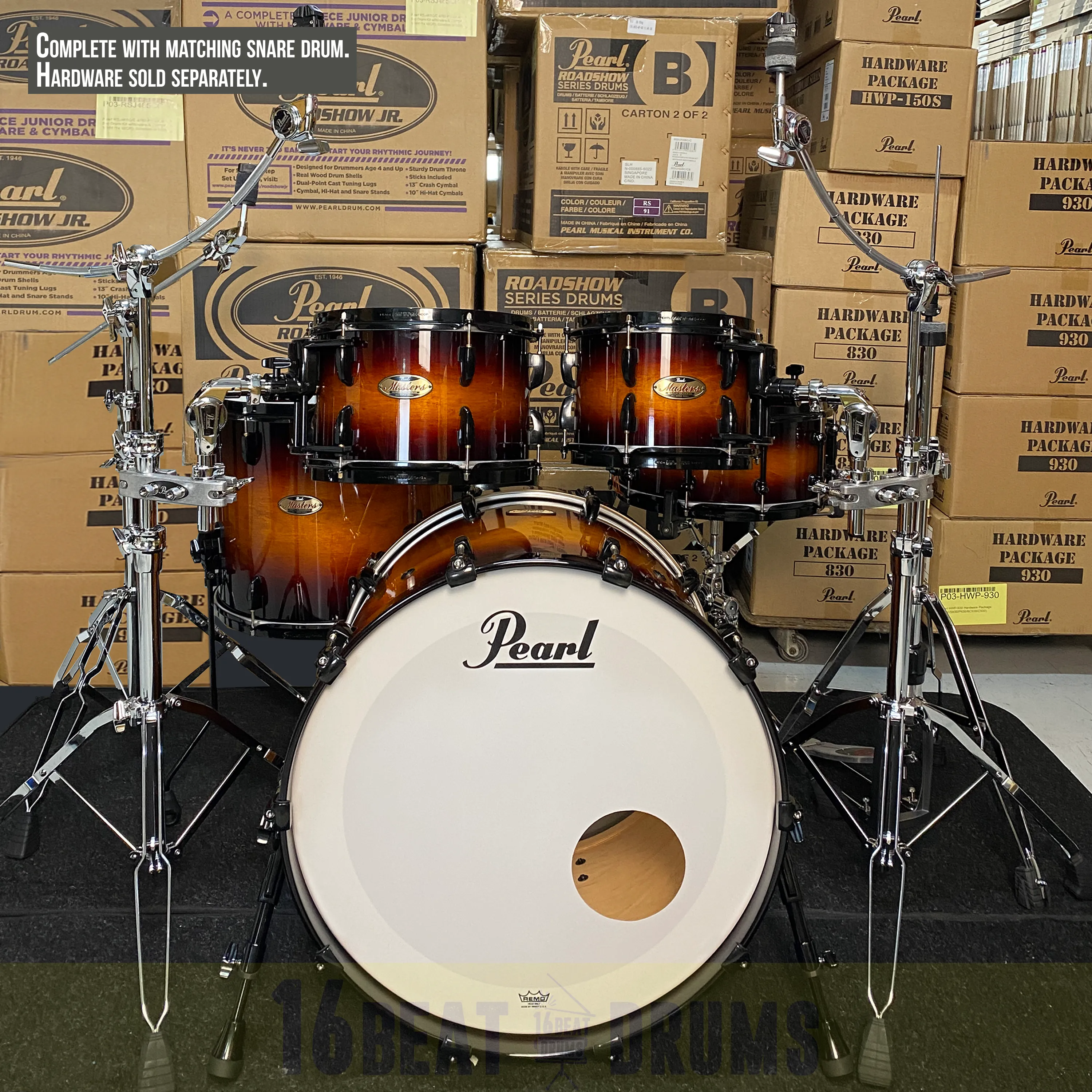 Pearl Masters Maple Reserve series in Vintage Tobacco Burst with Black hardware, complete 5 piece shell set including matching snare drum