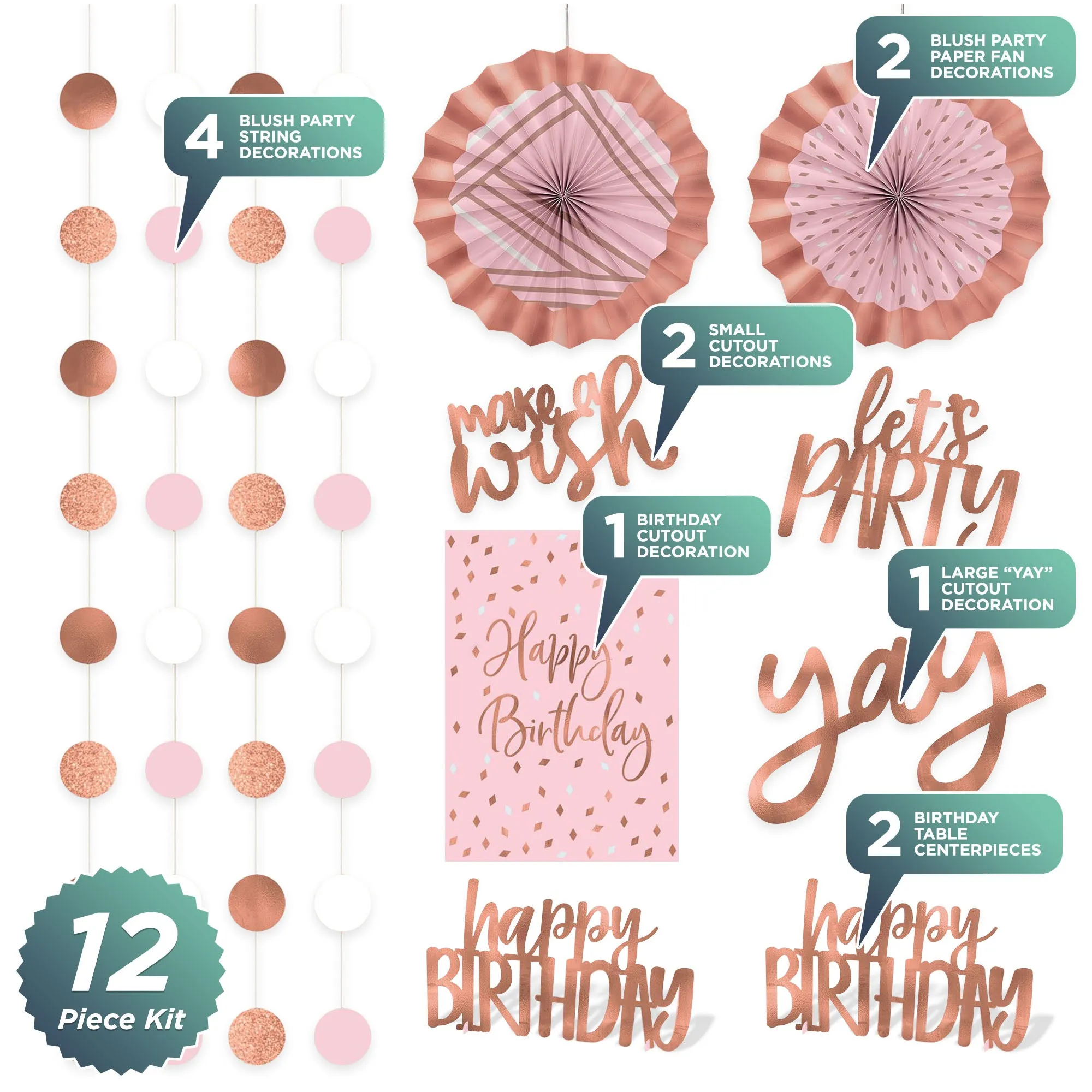 Pink & Blush Rose Gold Room Decorating Kit Birthday Party Accessories, 1 Set