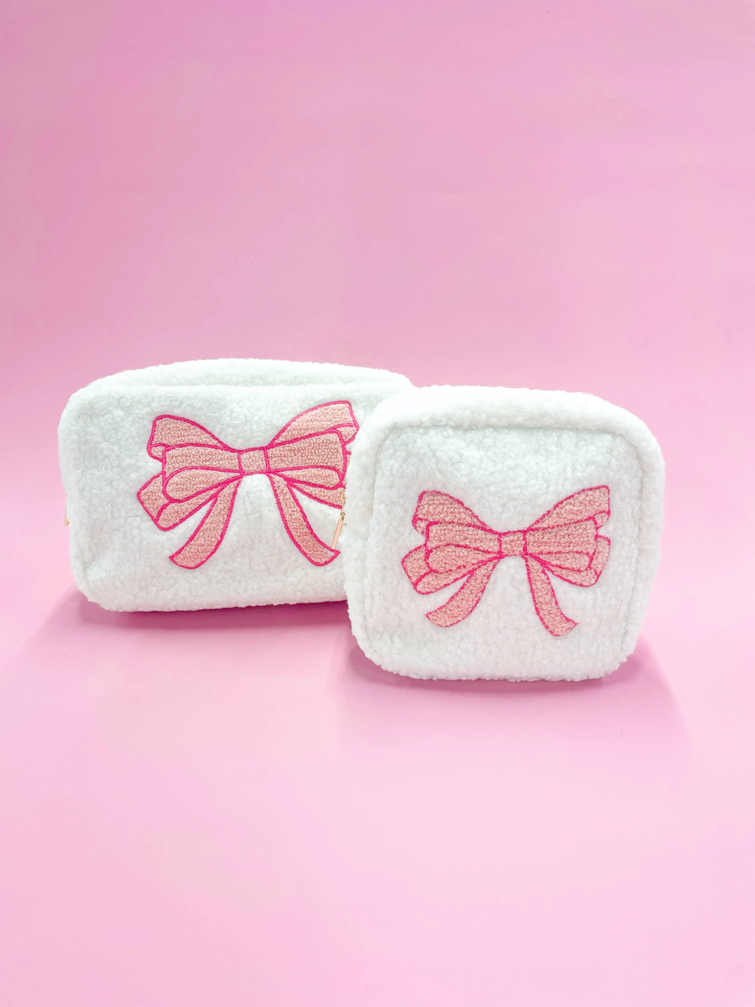 Pink Bow Teddy Cosmetic Zipper Bag - Small