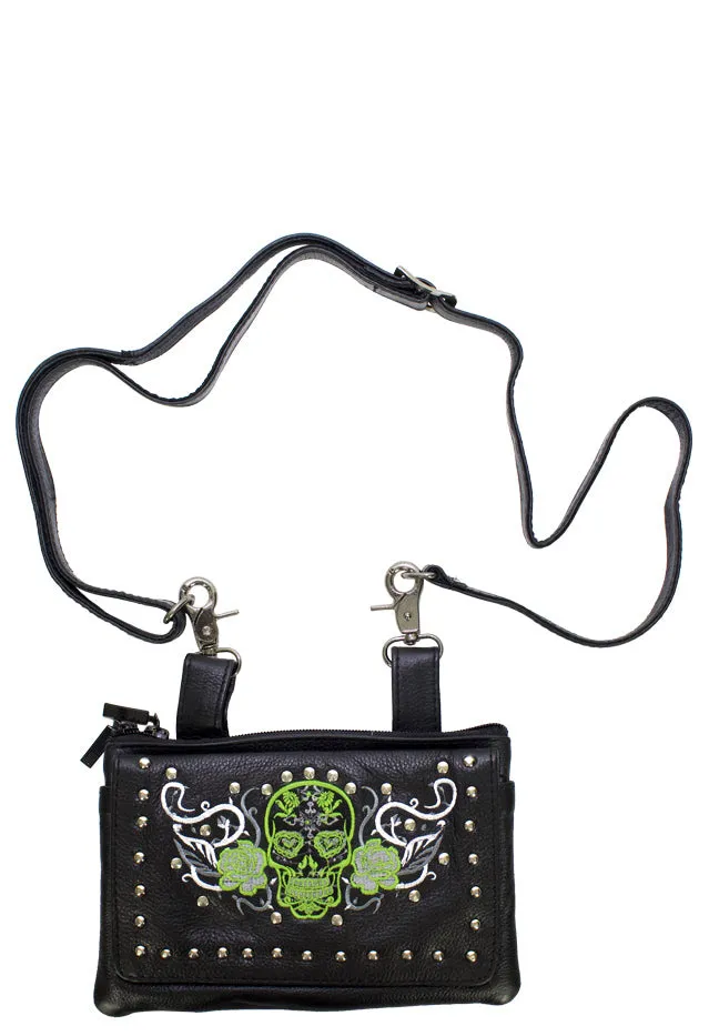 Studded Lime Green & White Sugar Skull Naked Cowhide Leather Belt Bag