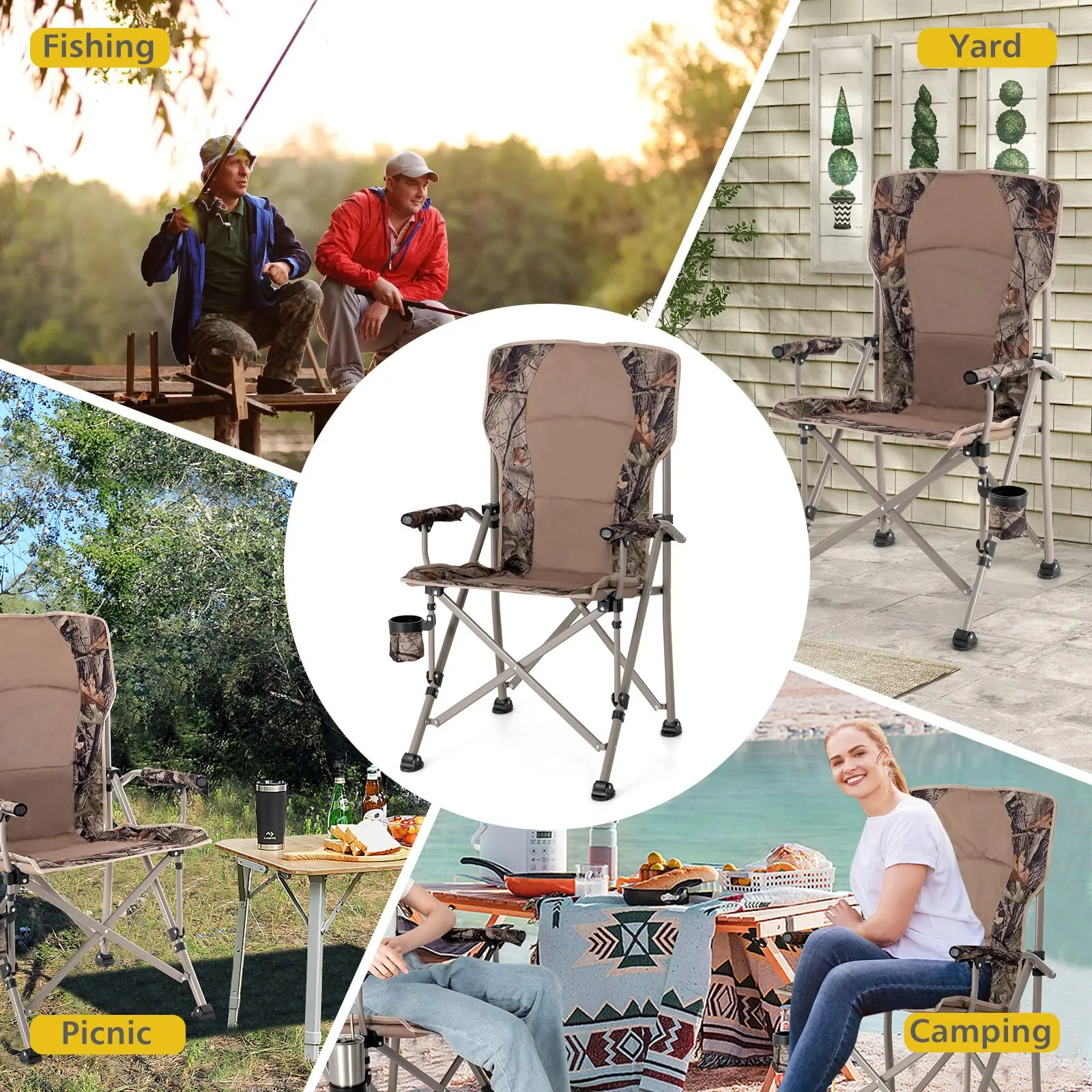 Tangkula Folding Camping Chair, Portable Camp Chair with Padded Seat, Cup Holder, Armrest, Heavy Duty Metal Frame