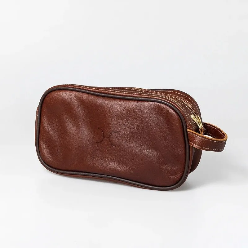 Thandana Mens Double Zip Vanity Leather Case | Tobacco