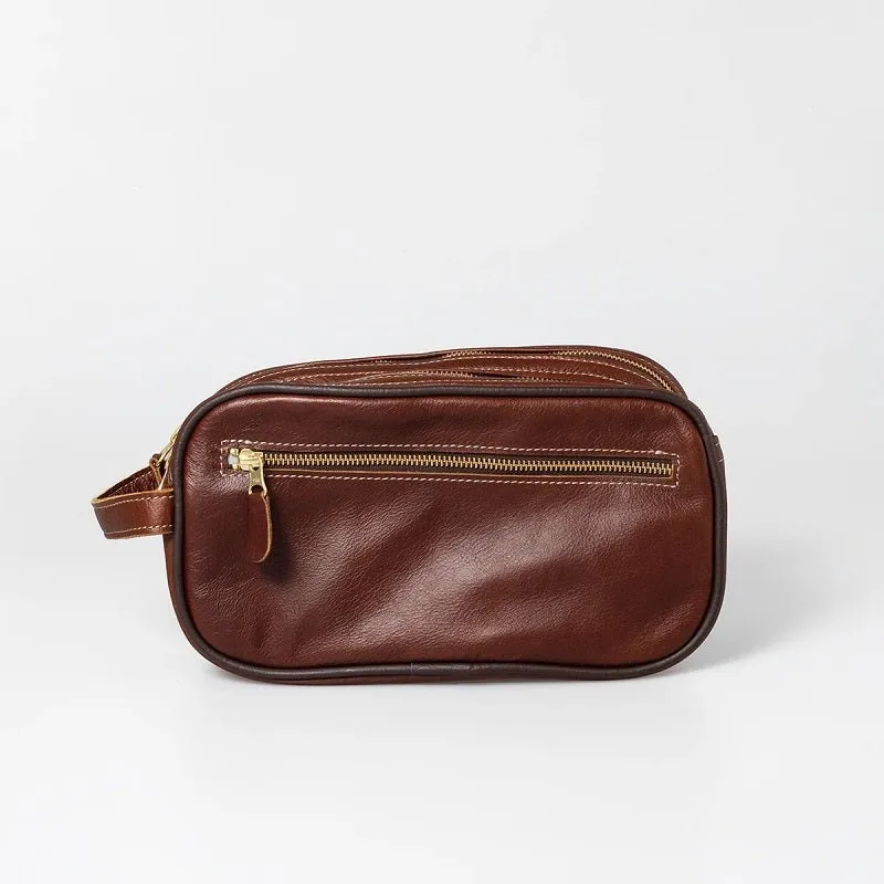 Thandana Mens Double Zip Vanity Leather Case | Tobacco