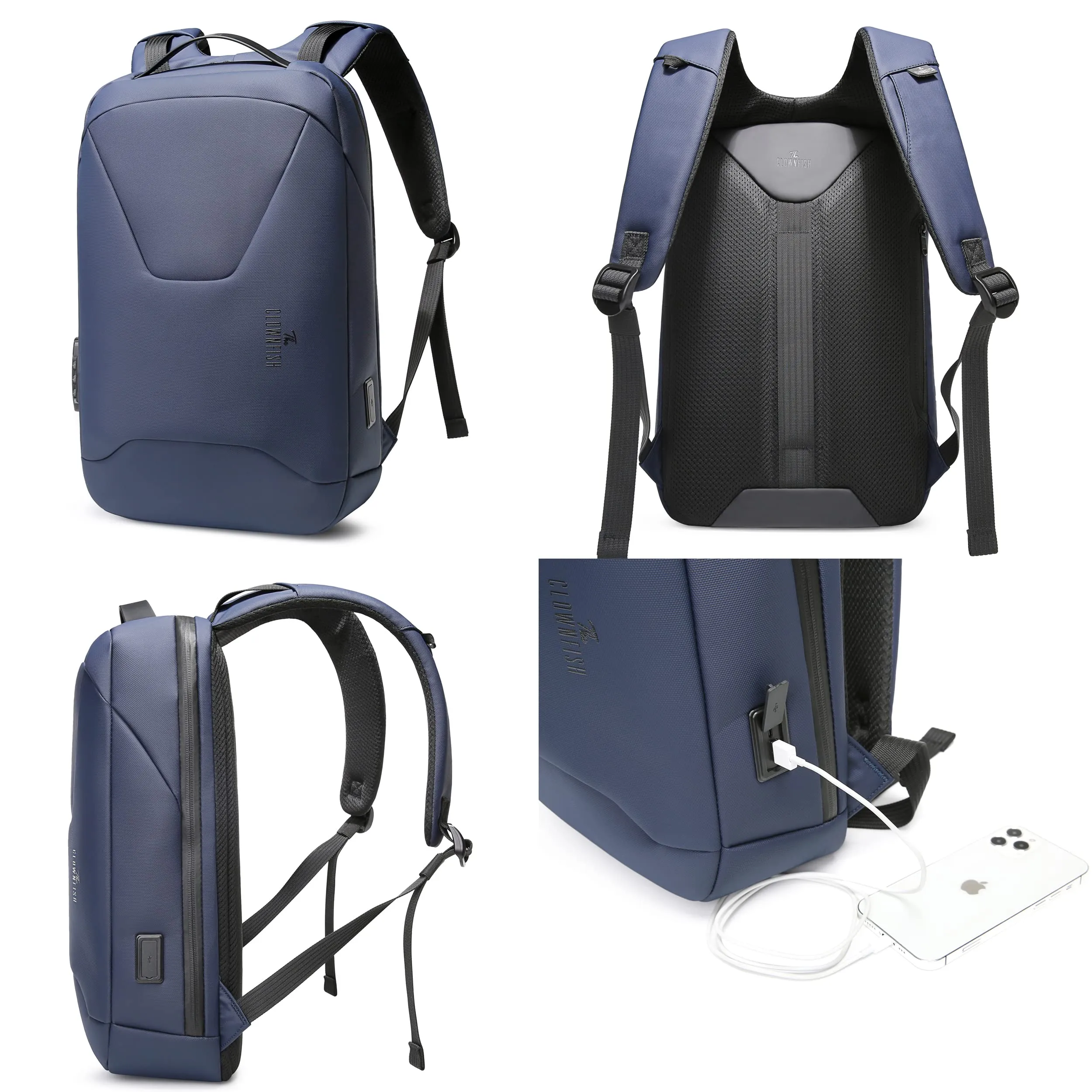 THE CLOWNFISH Water Resistant Anti-Theft Travel Laptop Backpack with USB Charging and Password Number Lock (Blue)