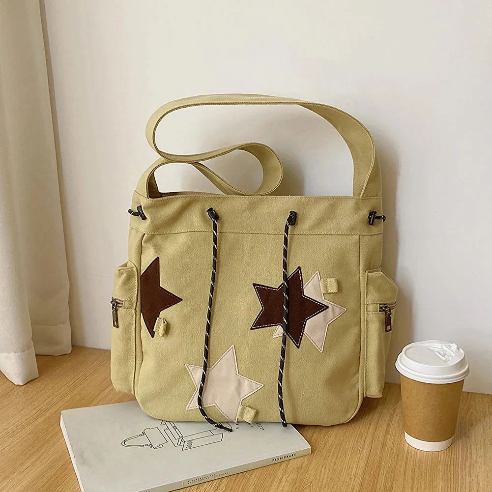 Uniwim Women Cute Messenger Bag Large Capacity Canvas Lovely Shoulder Bag Star Applique Y2K Street Style School Bag for Teens Students