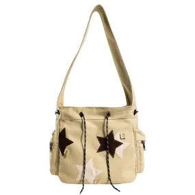 Uniwim Women Cute Messenger Bag Large Capacity Canvas Lovely Shoulder Bag Star Applique Y2K Street Style School Bag for Teens Students