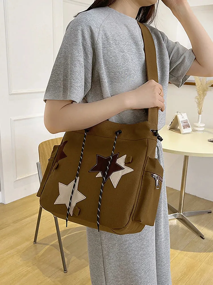 Uniwim Women Cute Messenger Bag Large Capacity Canvas Lovely Shoulder Bag Star Applique Y2K Street Style School Bag for Teens Students