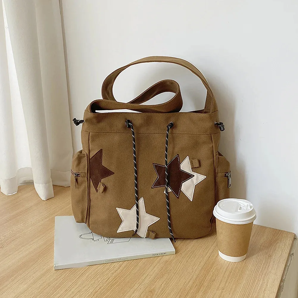 Uniwim Women Cute Messenger Bag Large Capacity Canvas Lovely Shoulder Bag Star Applique Y2K Street Style School Bag for Teens Students