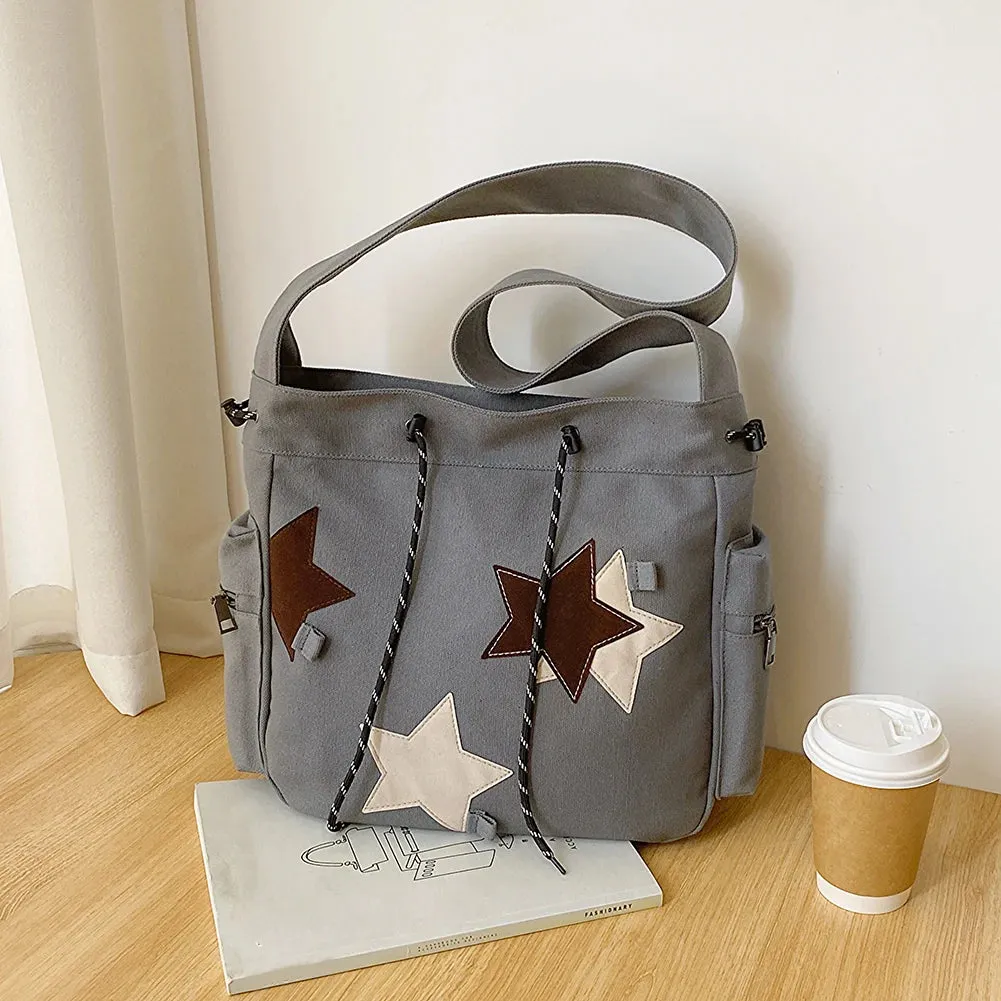 Uniwim Women Cute Messenger Bag Large Capacity Canvas Lovely Shoulder Bag Star Applique Y2K Street Style School Bag for Teens Students