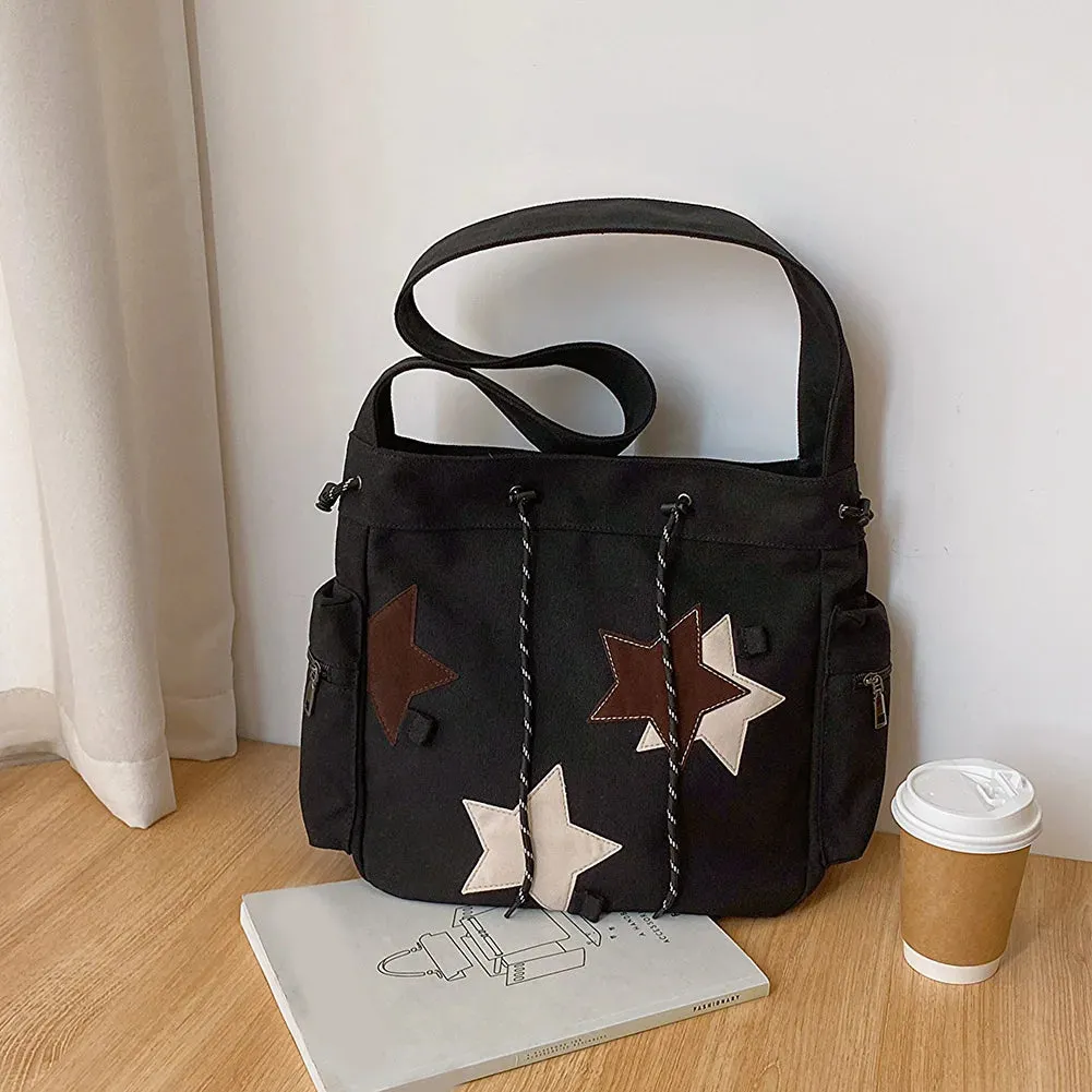 Uniwim Women Cute Messenger Bag Large Capacity Canvas Lovely Shoulder Bag Star Applique Y2K Street Style School Bag for Teens Students