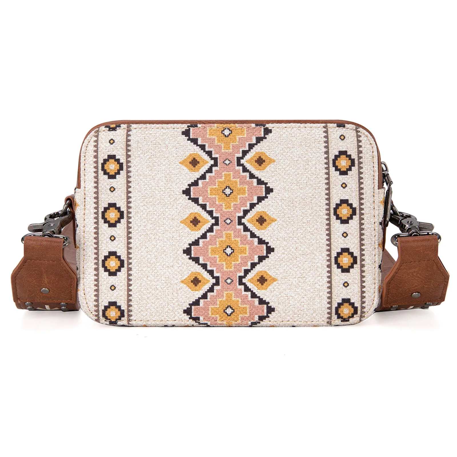 WG2207-3003  Wrangler Aztec Printed Crossbody Purse With Wallet Compartment - Coffee