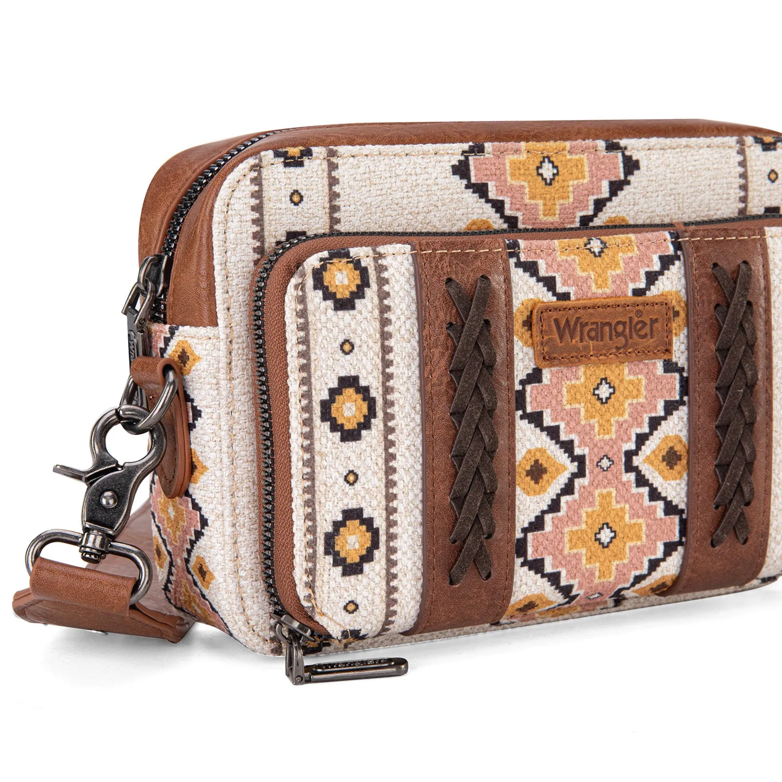 WG2207-3003  Wrangler Aztec Printed Crossbody Purse With Wallet Compartment - Coffee