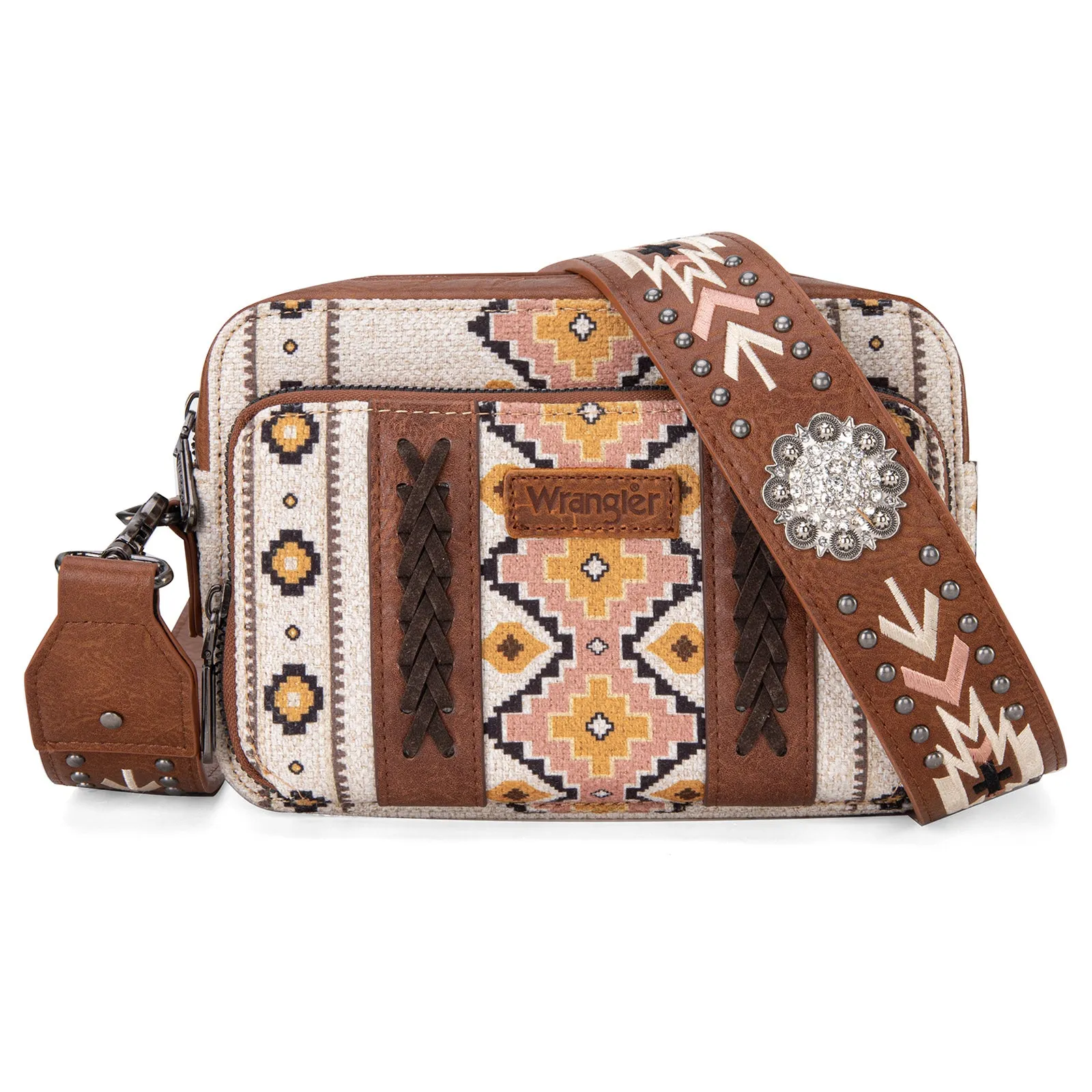 WG2207-3003  Wrangler Aztec Printed Crossbody Purse With Wallet Compartment - Coffee