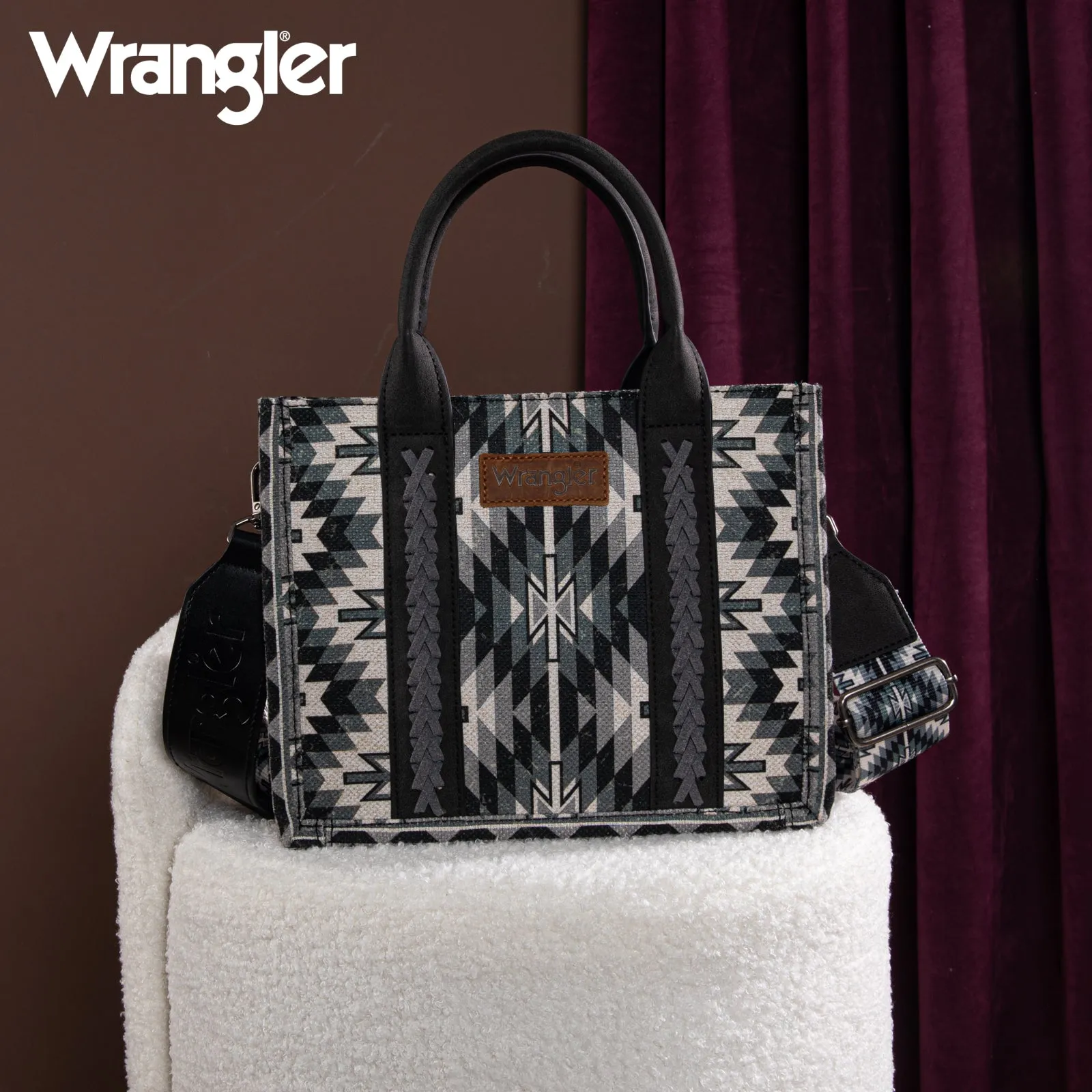 WG2213-8120S  Wrangler Southwestern Pattern Dual Sided Print  -Tote/Crossbody -BLACK