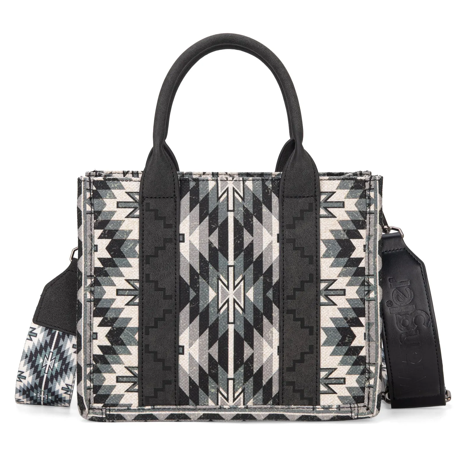 WG2213-8120S  Wrangler Southwestern Pattern Dual Sided Print  -Tote/Crossbody -BLACK