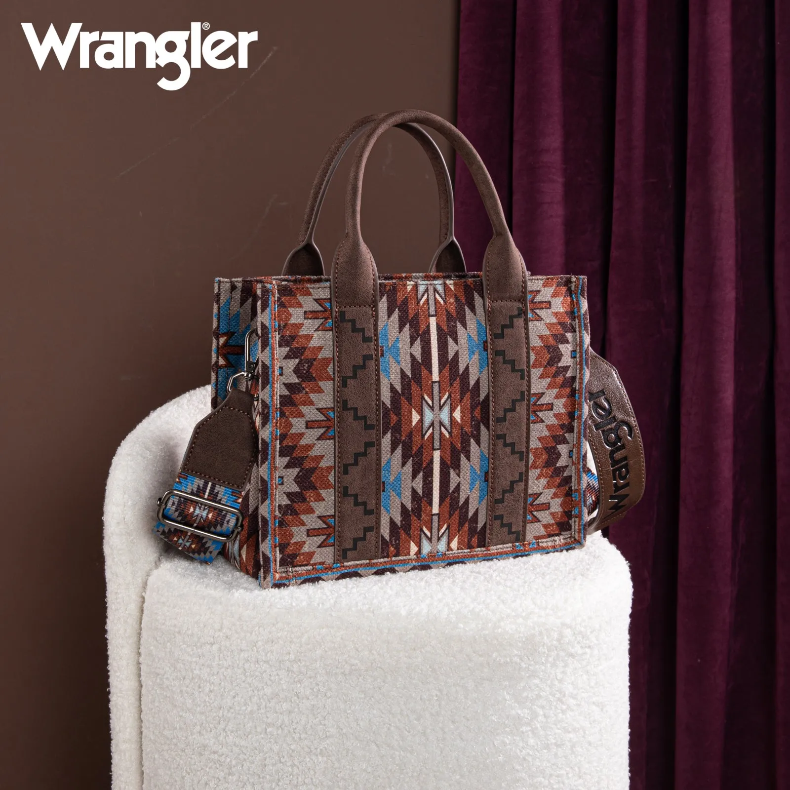 WG2213-8120S  Wrangler Southwestern Pattern Dual Sided Print-Tote/Crossbody - Coffee