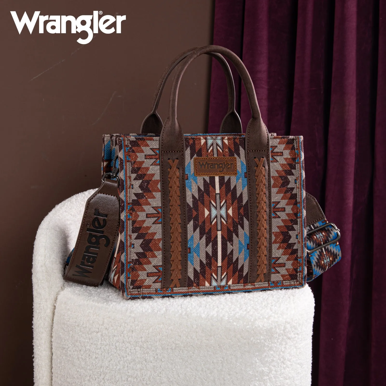 WG2213-8120S  Wrangler Southwestern Pattern Dual Sided Print-Tote/Crossbody - Coffee