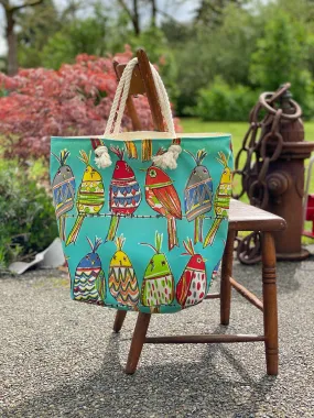 Whimsical Birds Beach Tote with Rope Handles, Tote Bag, Beach Bag, Reusable Grocery Tote, Farmers Market Bag