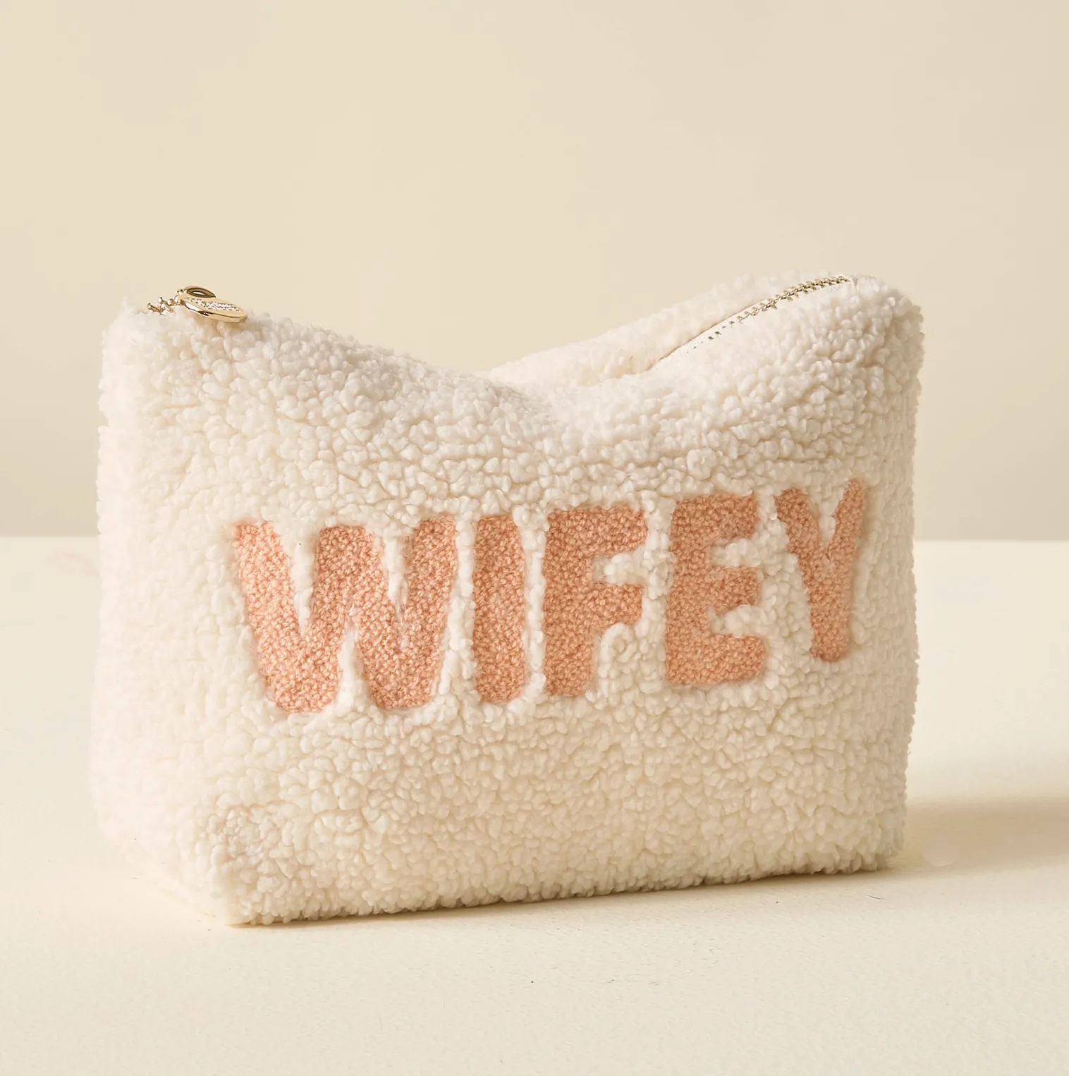 Wifey Cream Teddy Pouch Cosmetics Bag