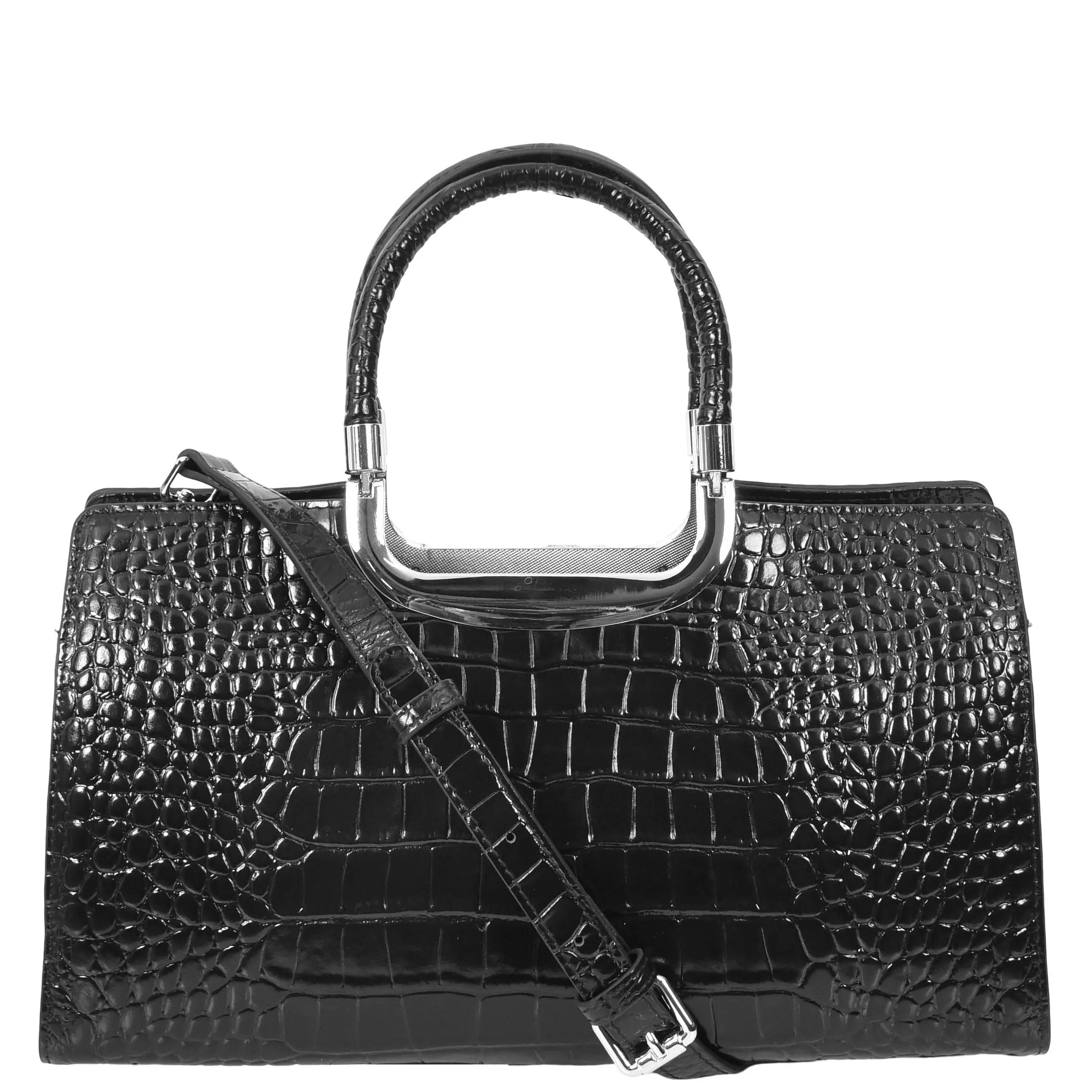 Womens Leather Handbag Croc-Print Casual Fashion Top Handle Tote Bag A880 Black