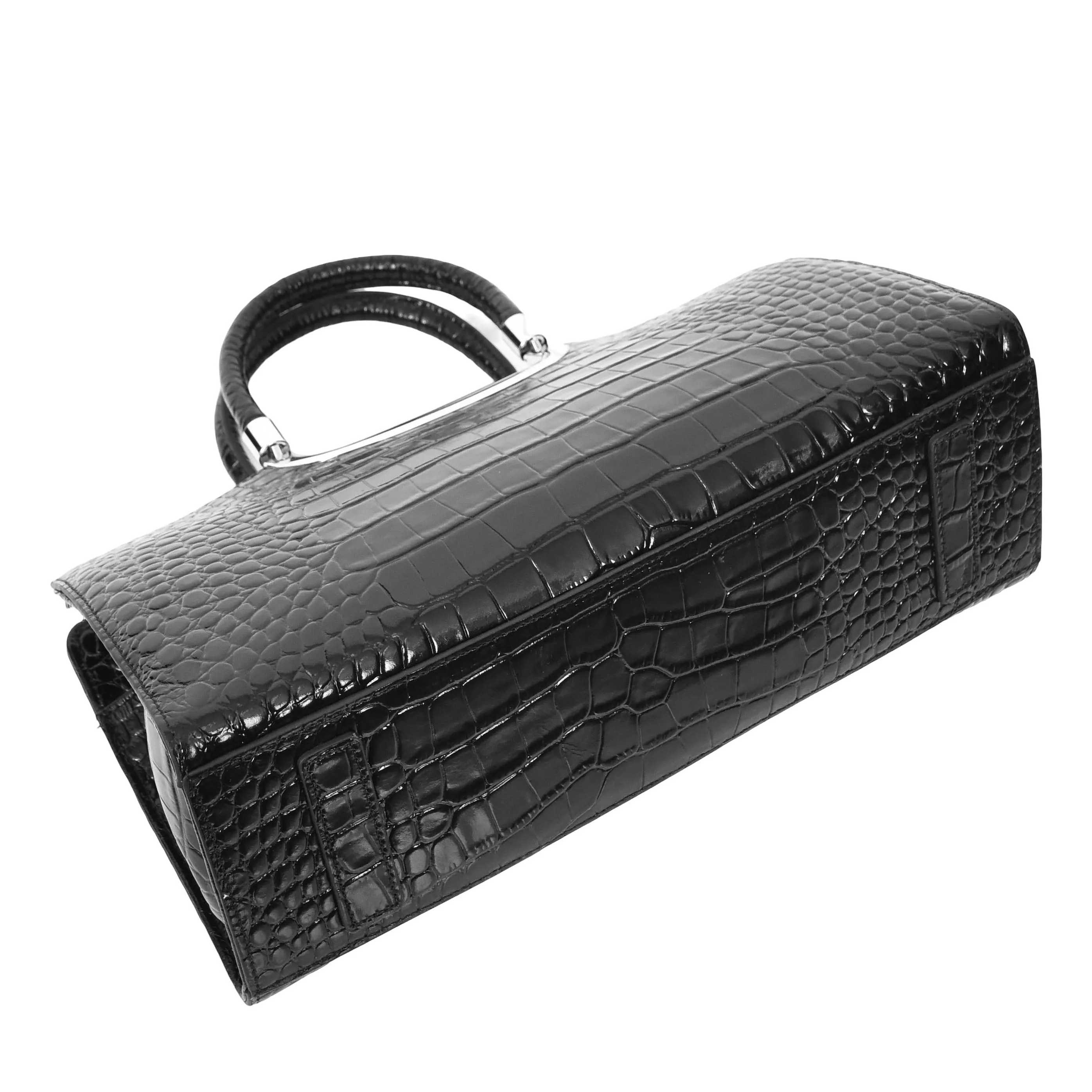 Womens Leather Handbag Croc-Print Casual Fashion Top Handle Tote Bag A880 Black