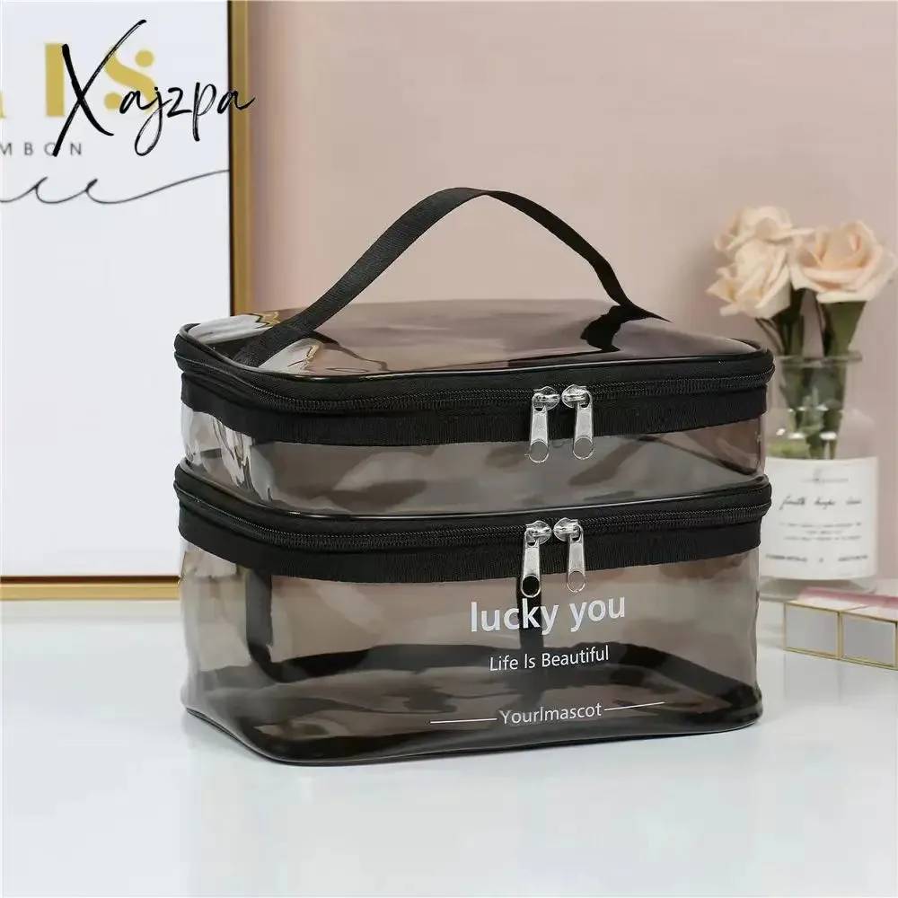 Xajzpa - Double Layer Multifunctional Transparent Cosmetic Bag Ladies Cosmetic Bag Large Capacity Travel Cosmetic Storage Box